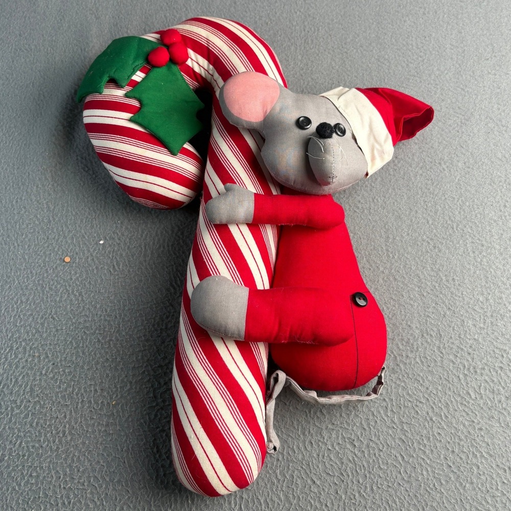 Vintage Christmas Mouse Hugging Candy Cane Plush Wall Hanging Decor 21"